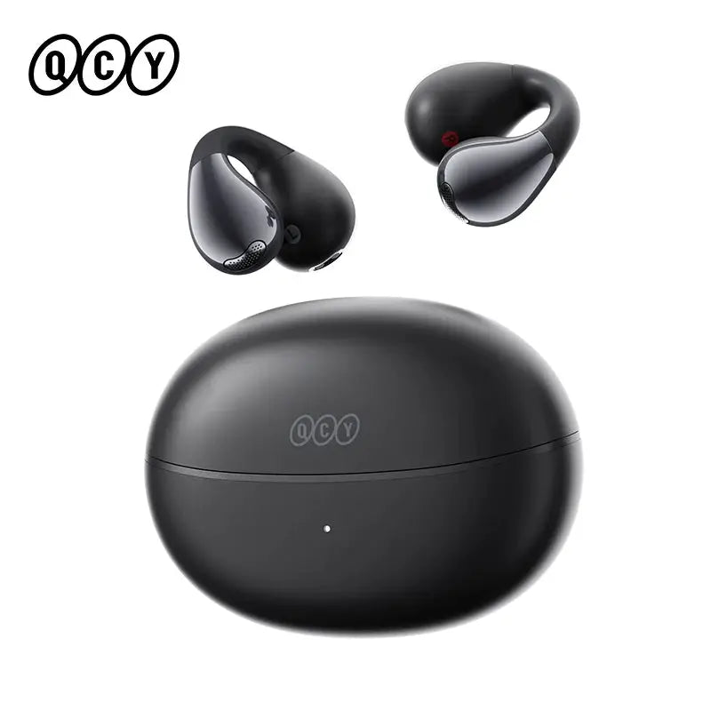 QCY Crossky C30S open-ear wireless earbuds with charging case, black with silver-toned earpieces