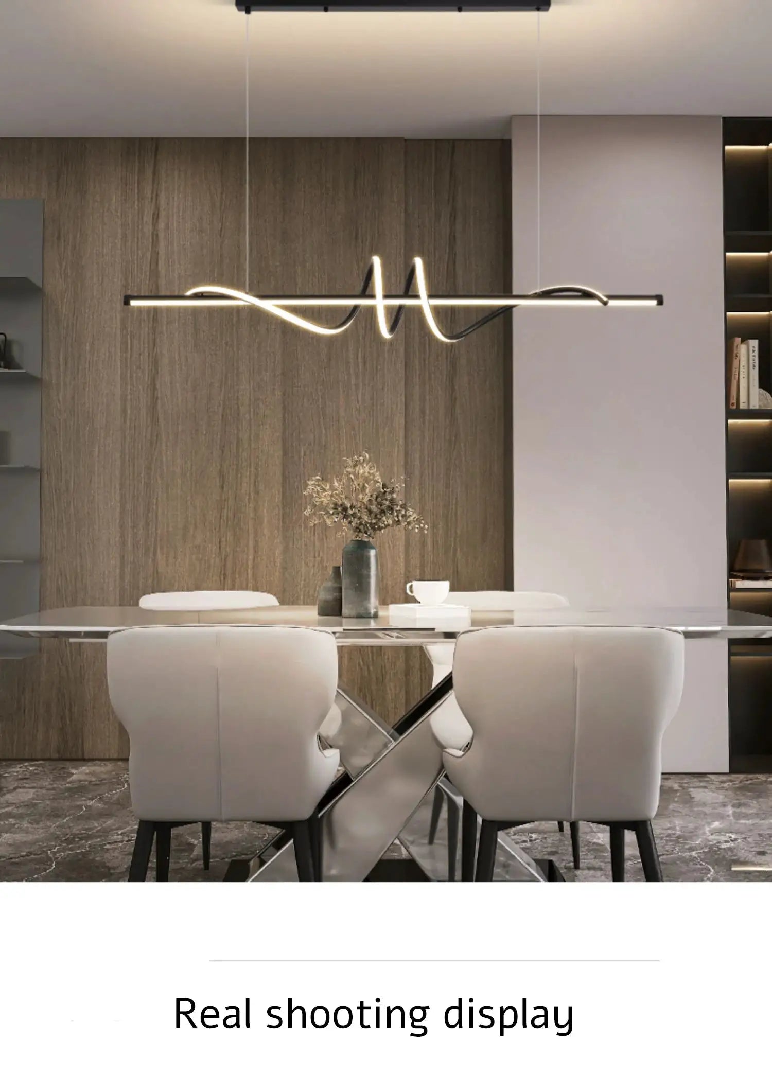 Modern LED pendant light, black metal linear bar with a curved wave glow above the dining table