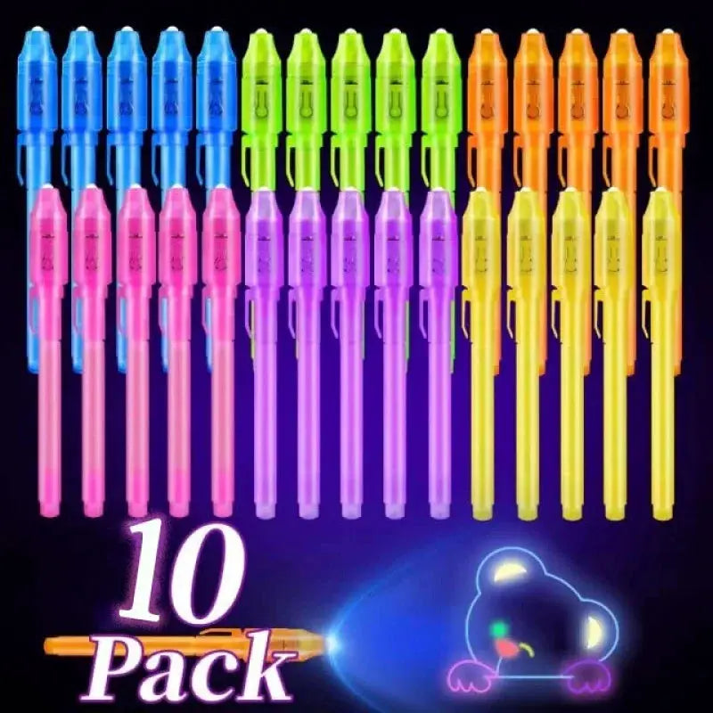 10-pack invisible ink pens with UV light in neon colors for kids' parties and classroom use
