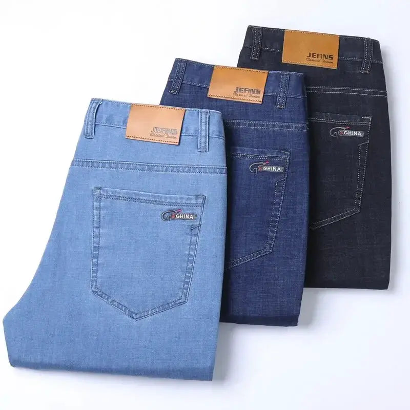 Ice Silk Denim Jeans For Men Blue Straight Stretch Cotton Pants