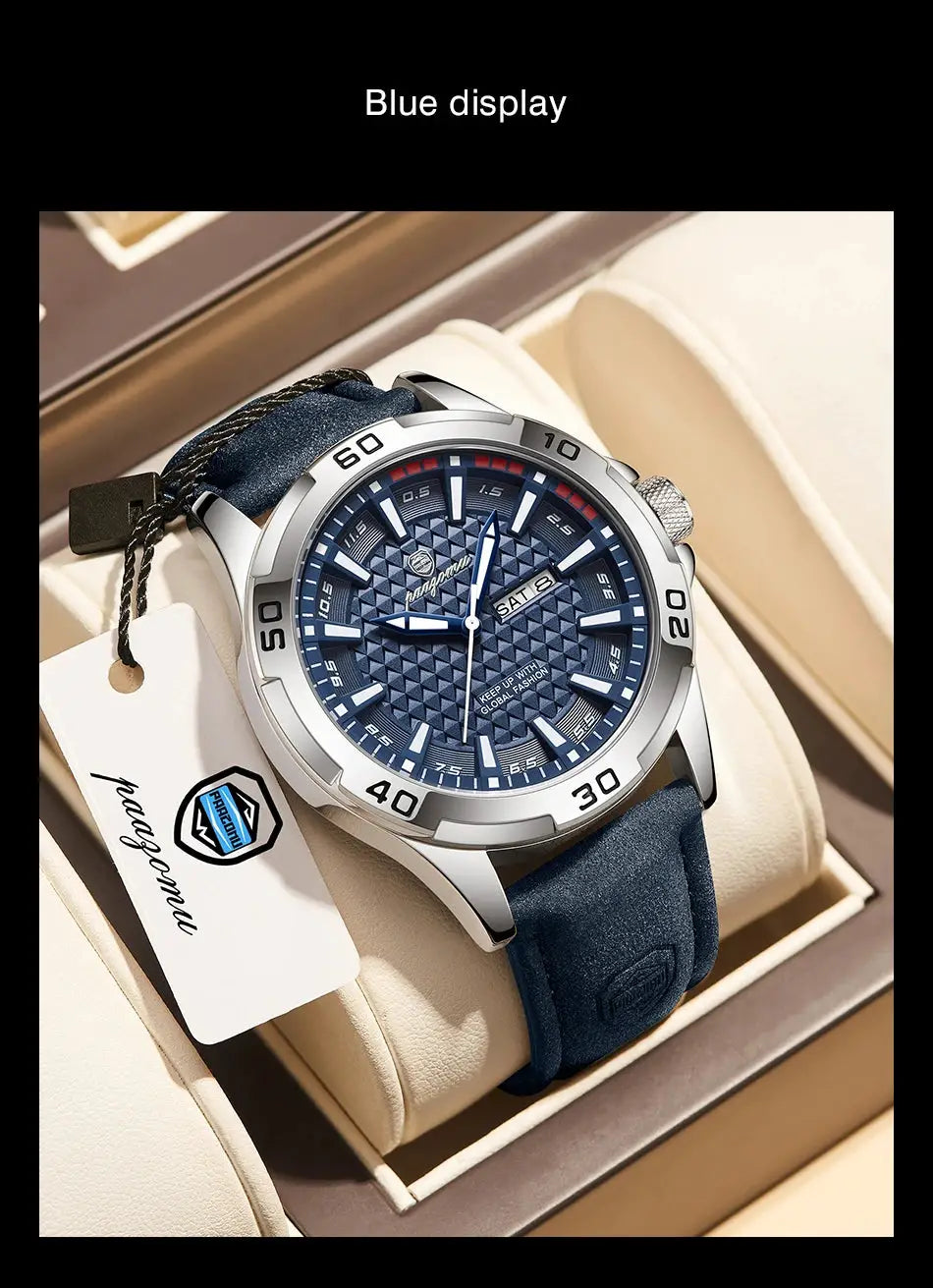 PAAZOMU men's wristwatch with blue dial and strap, stainless steel case, luminous hands and markers, date window