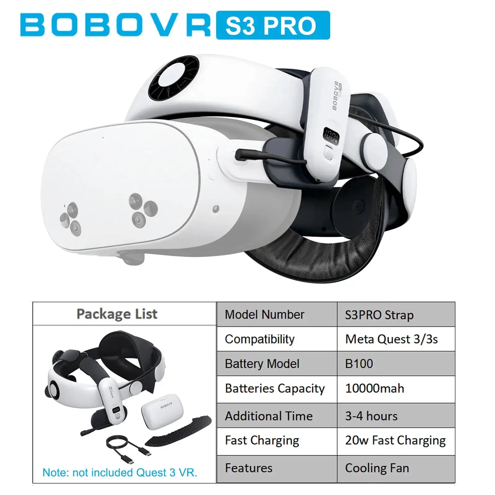 BOBOVR S3 Pro battery head strap for Meta Quest 3/3S VR headset, white with black cushion by Simples Market