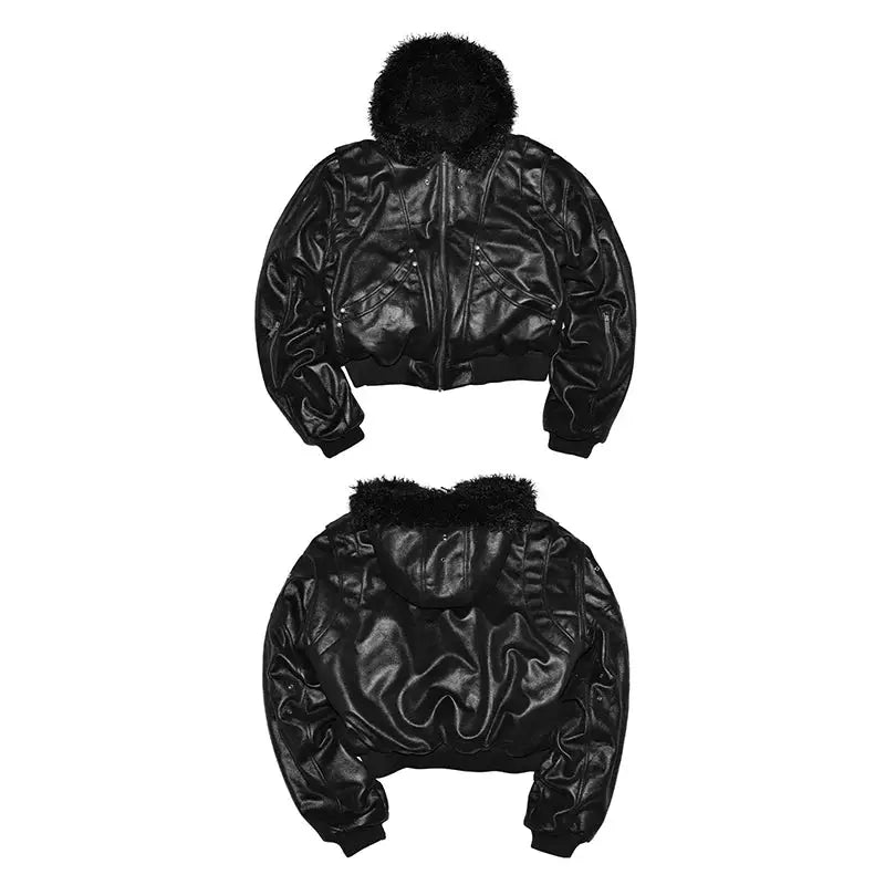 Mauroicardi black PU leather jacket with faux fur trim hood, oversized bomber, front and back views