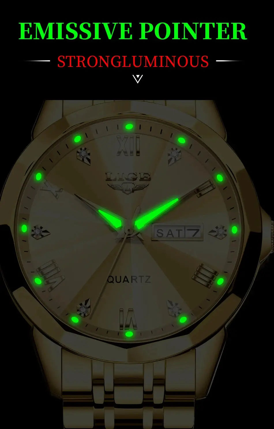 LIGE gold-tone ladies quartz watch with luminous green hands and date display