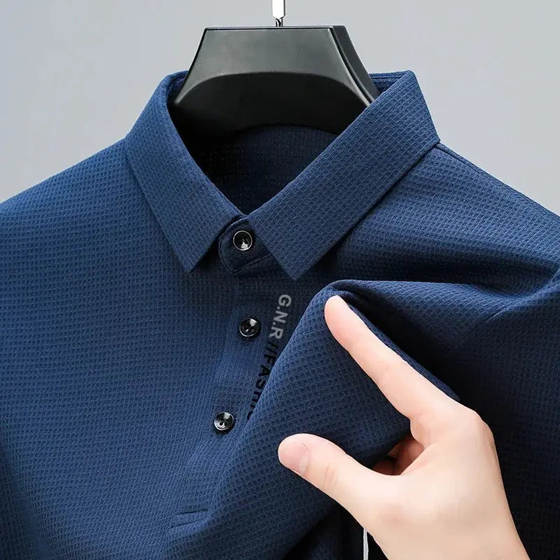 Men's navy waffle-knit long-sleeve polo shirt by GNR FASHION