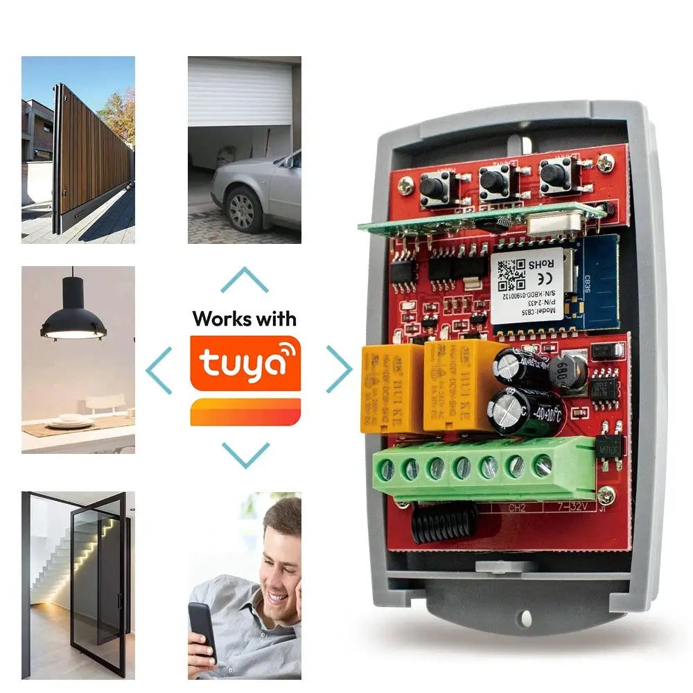 Smart wifi door switch 2-channel garage receiver; red PCB, Tuya-compatible by Simples Market
