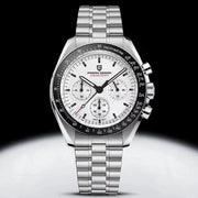 PAGANI DESIGN PD1701 men's chronograph watch with white dial, black tachymeter bezel, stainless steel bracelet