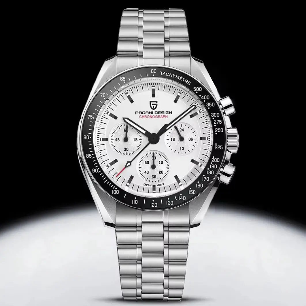 PAGANI DESIGN PD1701 men's chronograph watch with white dial, black tachymeter bezel, stainless steel bracelet