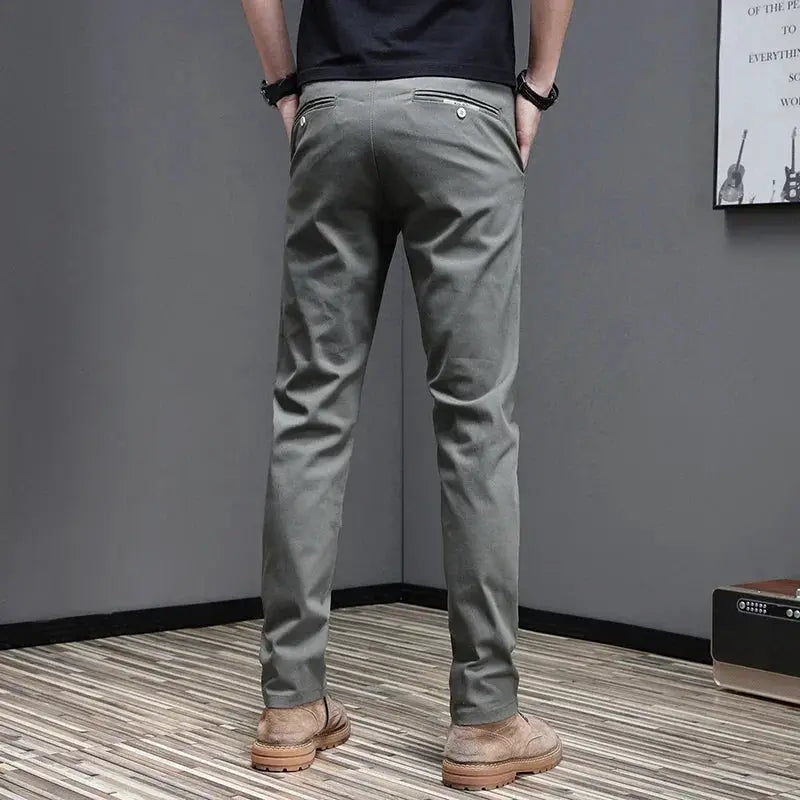 Men's casual slim-fit gray cotton stretch trousers with back pockets