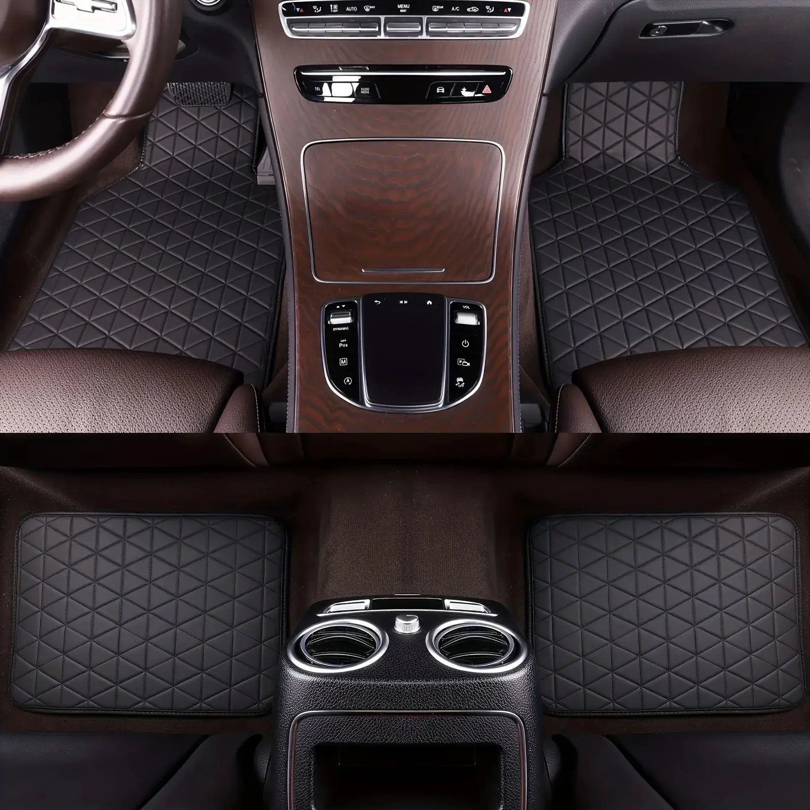 4-piece waterproof PU leather car floor mat set with diamond-quilted pattern in dark gray