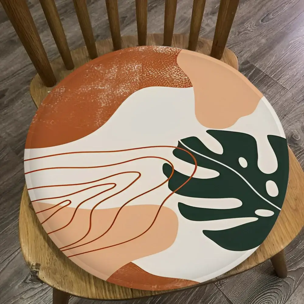 Palm Tree Leaves Art Chair Cushion by Simples Market, 45x45cm, orange beige white and dark green abstract pattern.