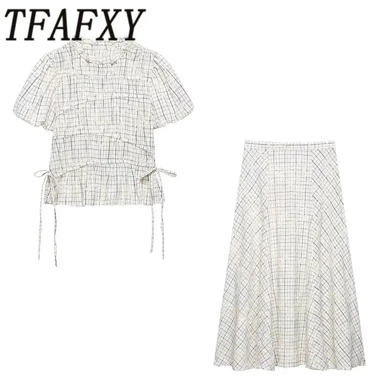 TFAFXY 2026 Summer Bow Plaid Embroidered Blouse And Midi Skirt Set Y2K