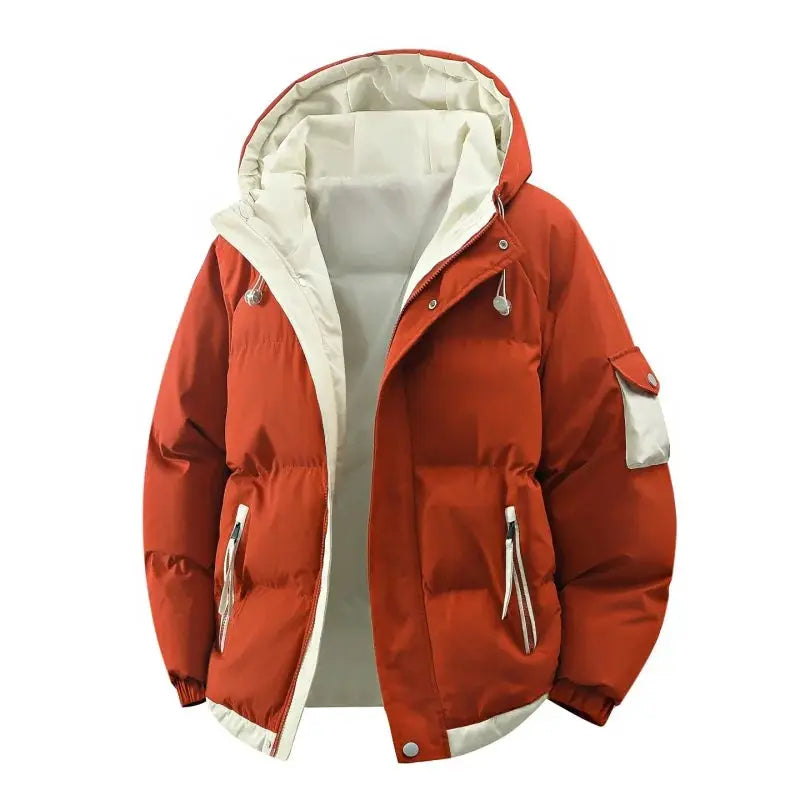 Men's orange hooded puffer jacket with cream lining, zip pockets and windproof design