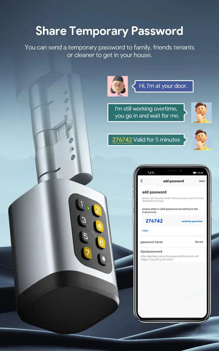 V1 Pro+ Smart Door Lock with silver metal body and numeric keypad; shown with a phone app (lock + phone).