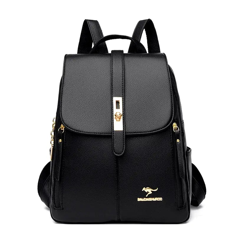 Leather backpack by Simples Market, black with gold-tone hardware and vintage daypack style