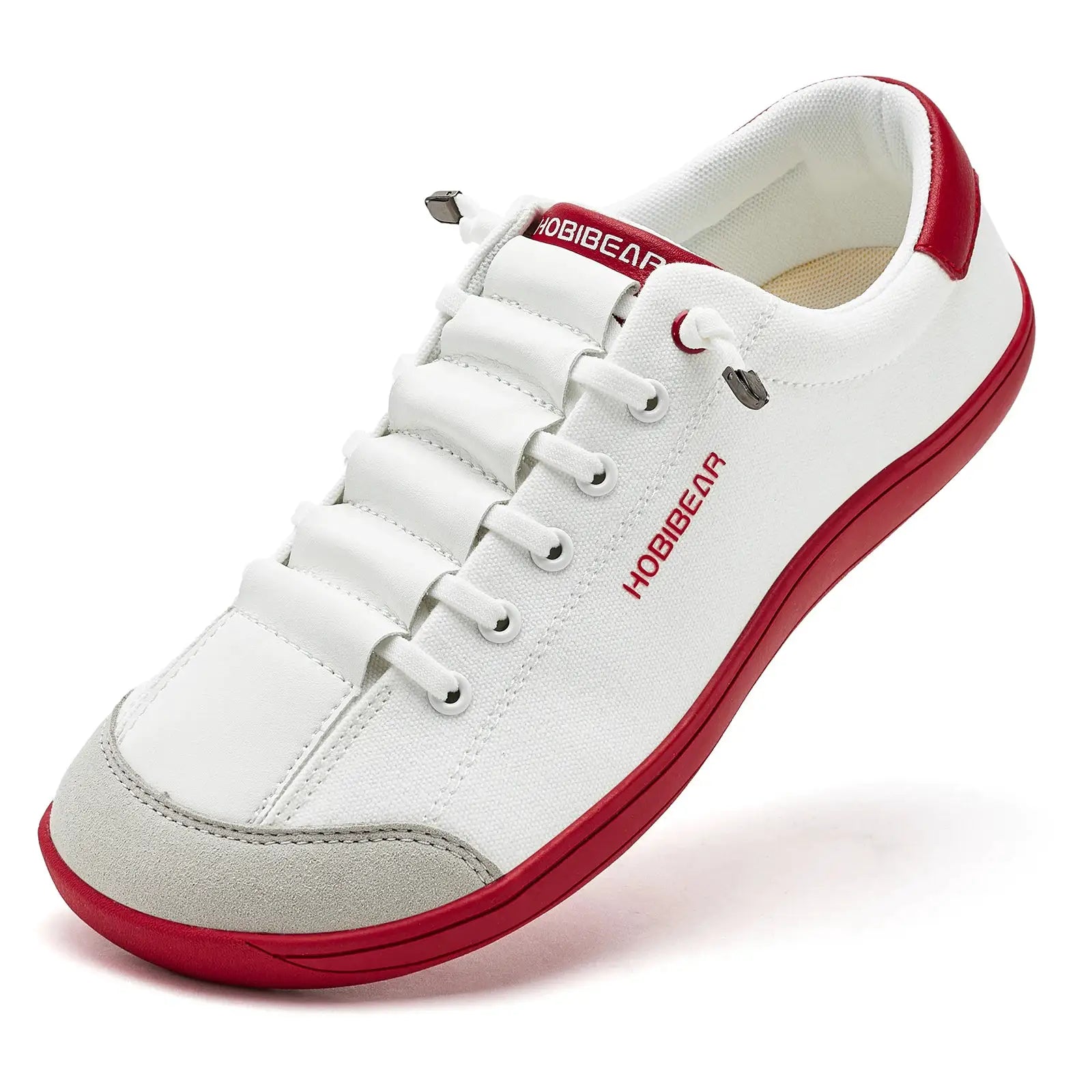 HOBIBEAR wide-toe barefoot sneakers, unisex white canvas with red sole.