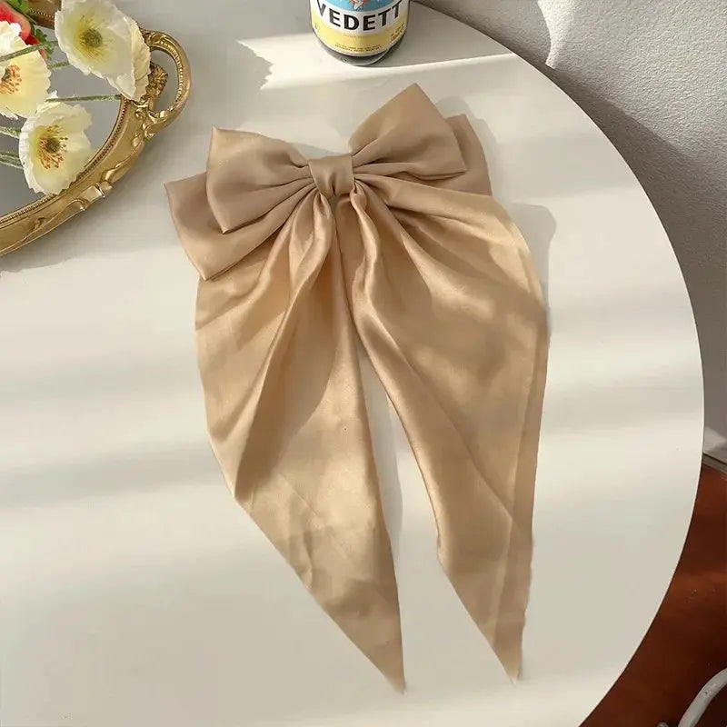 Korean Satin Bowknot Hair Clip For Women And Girls Long Ribbon Solid Color Barrette Hair Accessory