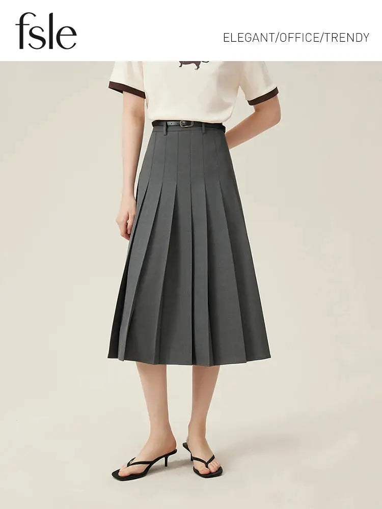 Grey pleated midi skirt with zipper waist by Simples Market, fsle logo visible
