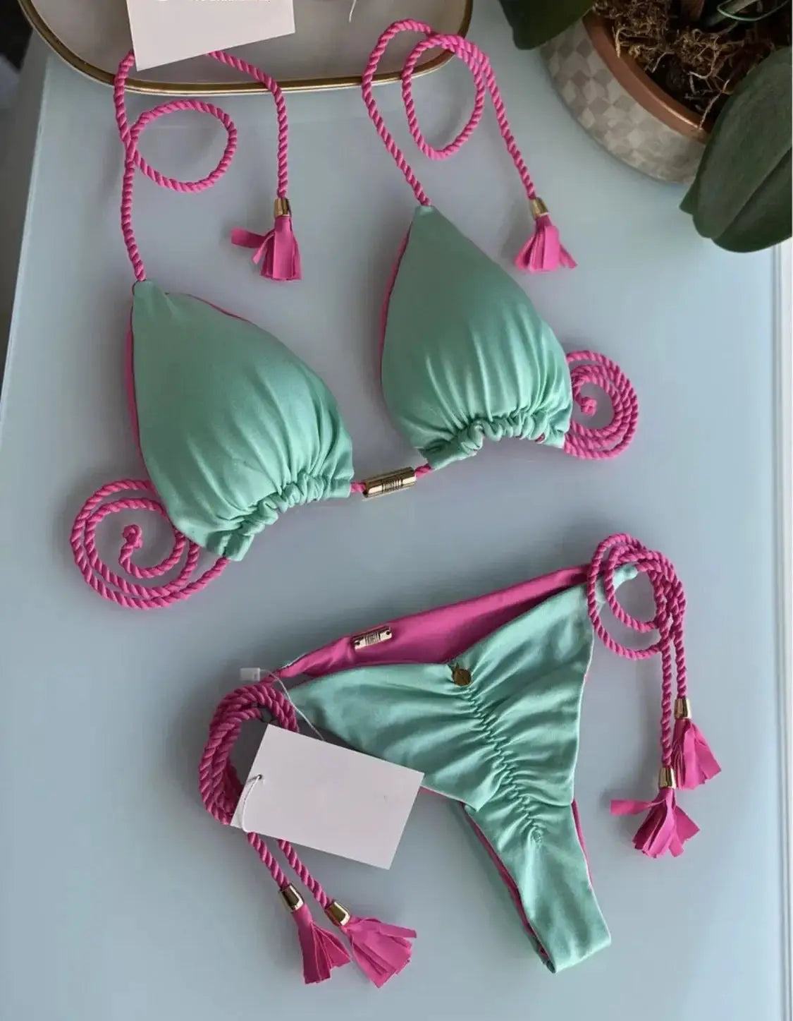 New Women backless rope triangle bikini set in mint green and pink with tassel cords