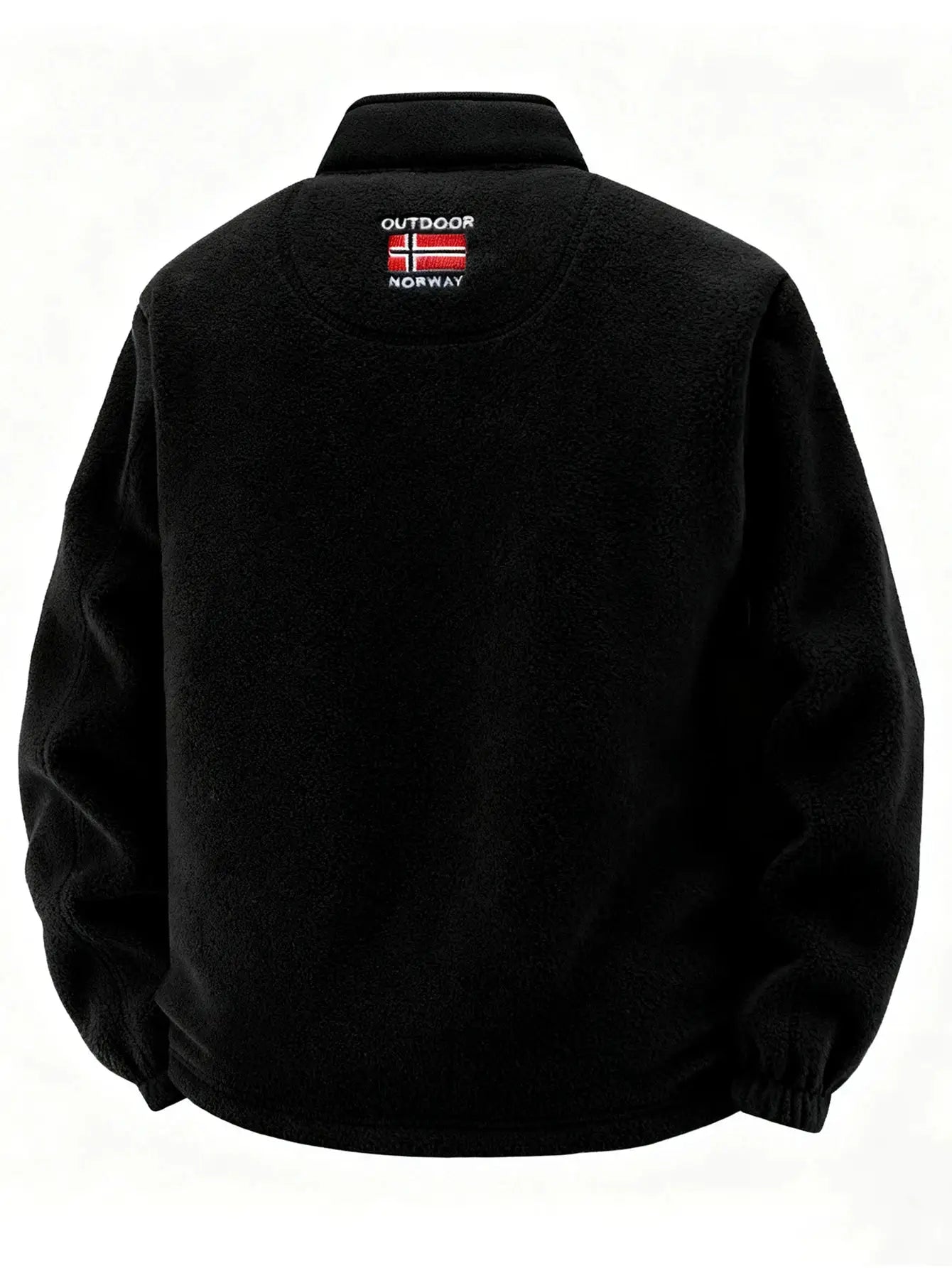 Men's black fleece jacket with Outdoor Norway patch on back; soft fleece, elastic hem and cuffs.