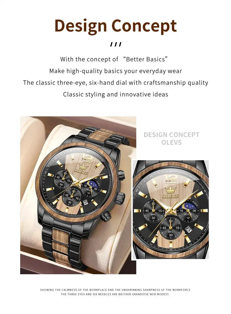 OLEVS men's wooden wristwatch with black steel and wood-inlay bracelet, chronograph dial and date window