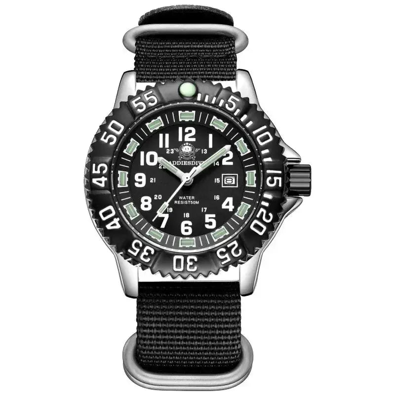 Addies Dive men's watch, black dial with luminous markers, date display, rotating bezel, nylon strap