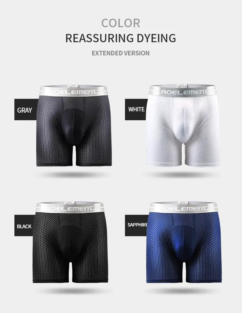 Simples Market men's extra-long sports boxer underwear in gray, white, black, sapphire (4 colors) with ice silk fabric.