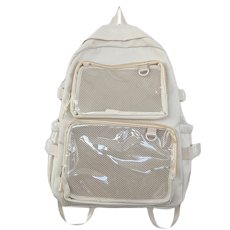 Simples Market Japanese Style Transparent Ita Backpack, beige with mesh front pockets and large capacity