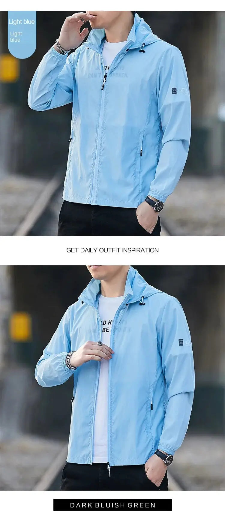 Light blue sun-protection windbreaker jacket with hood, lightweight breathable fabric and zip front