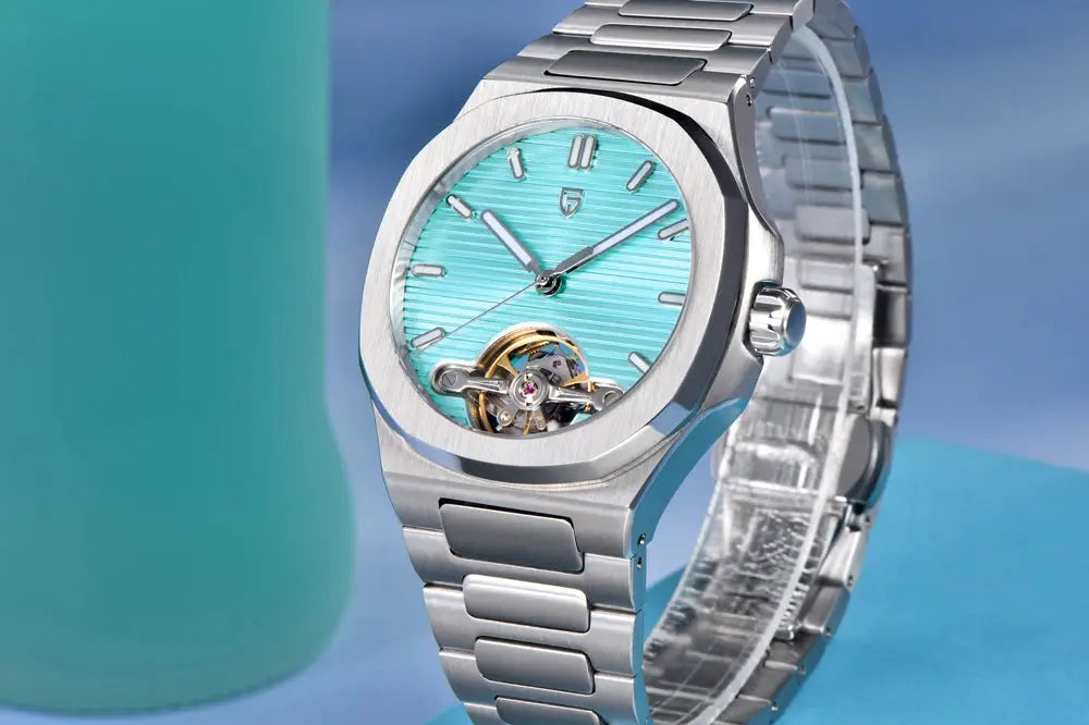 Pagani Design men's skeleton watch with turquoise dial and stainless steel bracelet