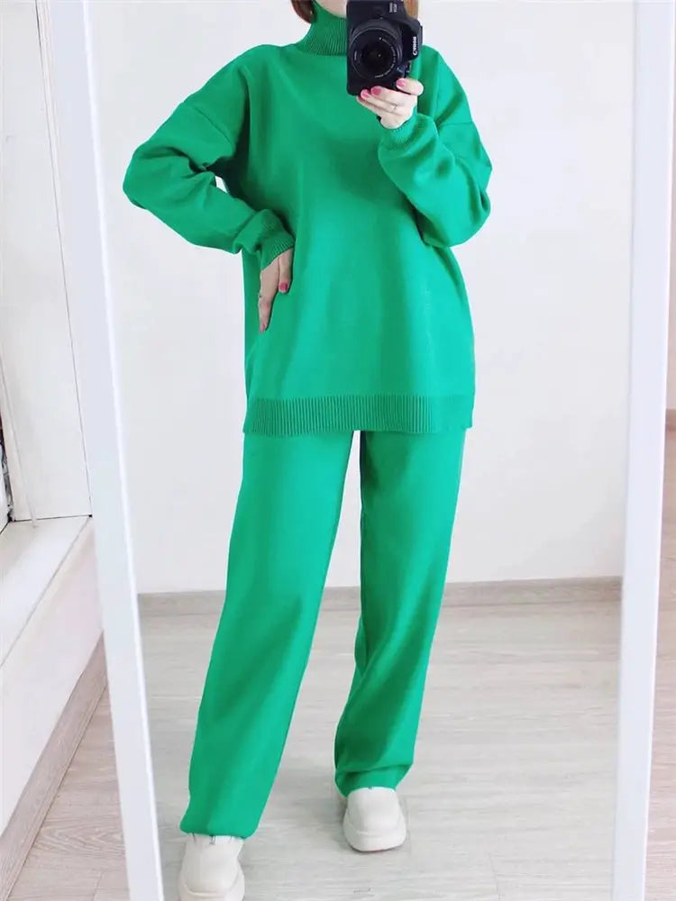 CozyNest Autumn Winter Two Piece Knitted Tracksuit Set With Turtleneck Sweater And Wide Leg Joggers For Women