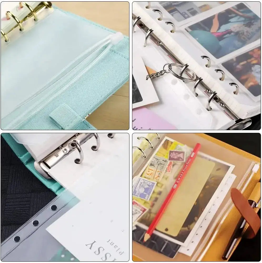 A6 6-Hole binder pockets in waterproof PVC with zipper pouches for notebooks and planners by Simples Market