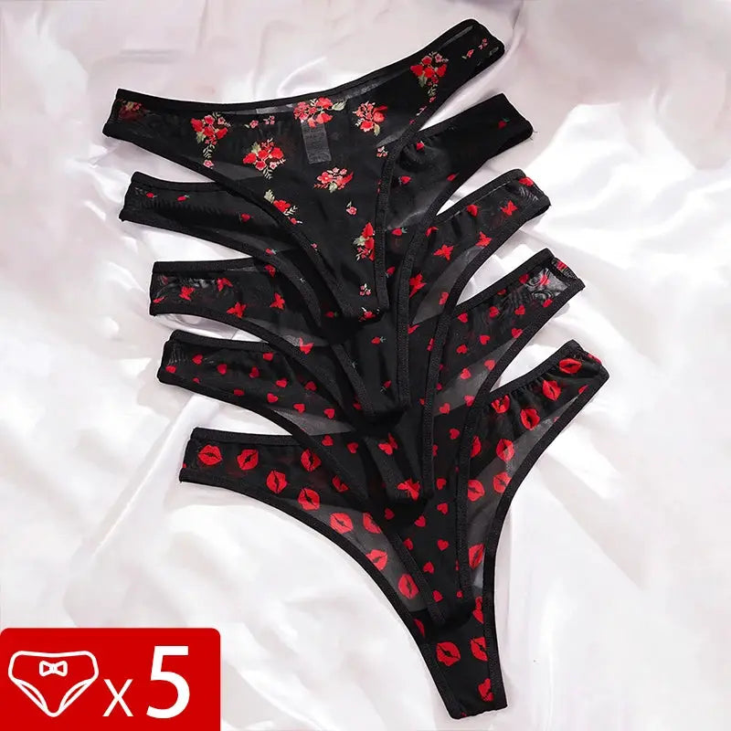 LaceAura 5 Piece Print Design Sexy Women Thongs Breathable Comfortable Low Rise G String Underwear Pack