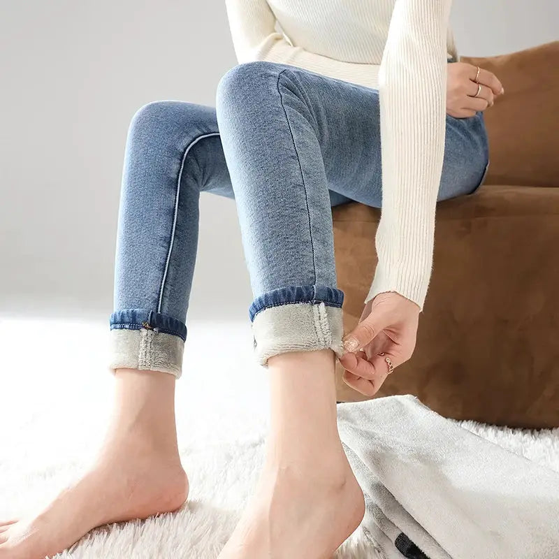 Women Thermal Jeans Fleece Lined Warm Stretch Slim Fit Pants Korean