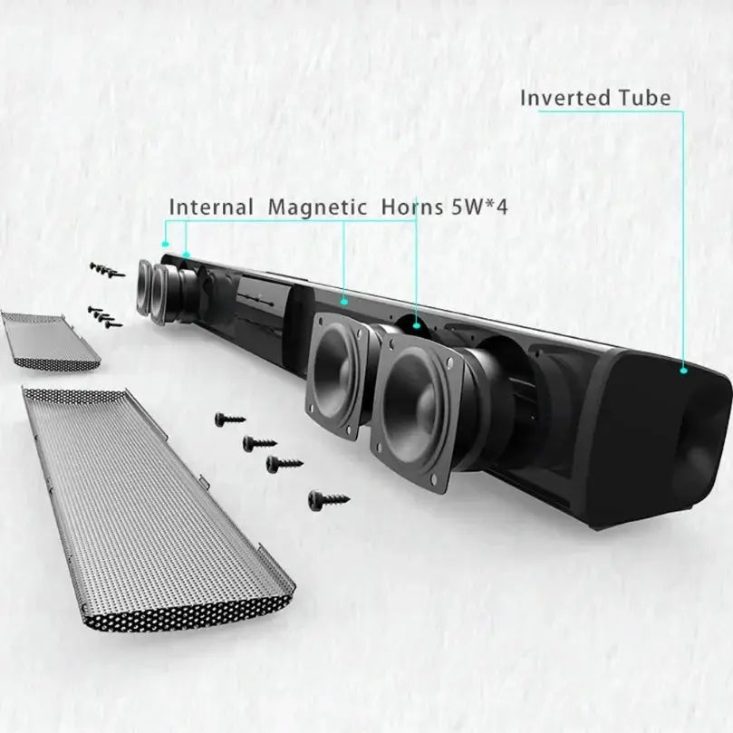 XIKCU soundbar by Simples Market, shown disassembled with exposed drivers, dual speaker modules and mesh grille panels
