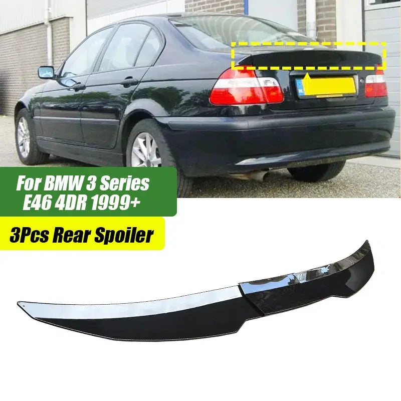 BMW 3 Series E46 3-piece rear spoiler kit in gloss black ABS DuckTail with adhesive
