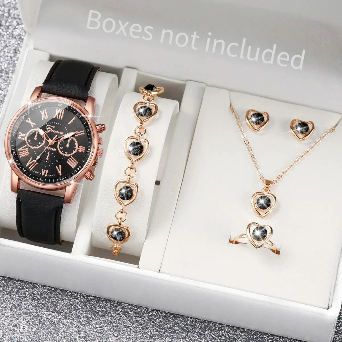 AuroraTime Womens Quartz Watch Leather Band Jewelry Set Heart Rhinestones Accent Analog Roman Numerals