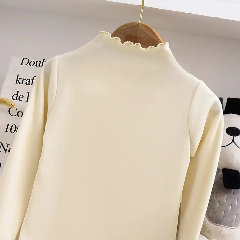 Autumn Winter Girls Long Sleeve Solid Color T Shirt With Ruffle Collar Fashionable Comfortable Everyday Wear