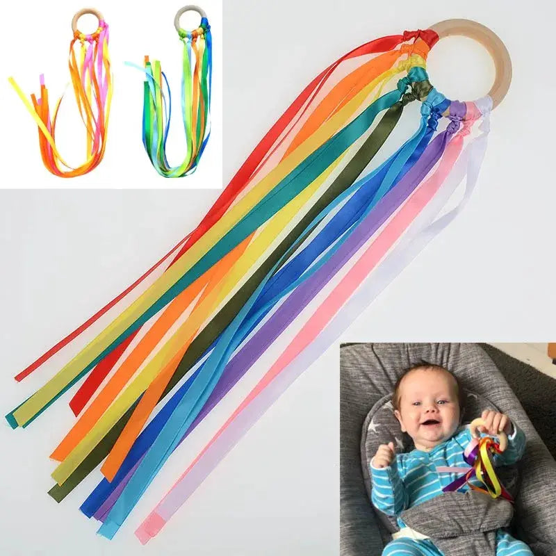 Montessori Style Wooden Ribbon Ring Sensory Toy For Baby BPA Free Non Toxic Color Recognition Fine Motor Development