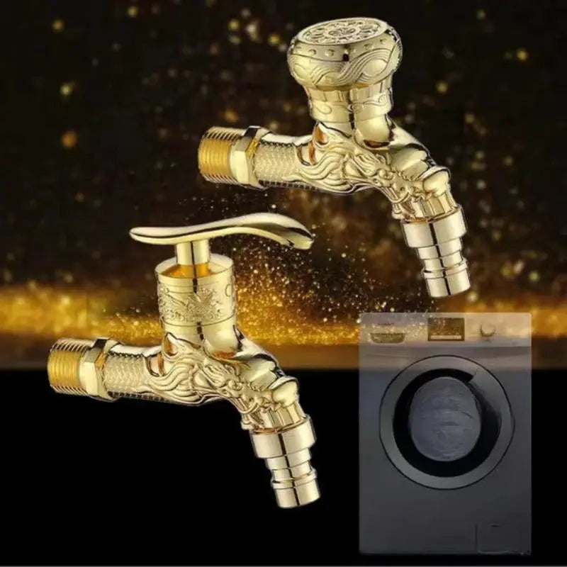 Simples Market outdoor antique faucet set; two brass wall-mounted garden taps with ornate carvings, decorative units.