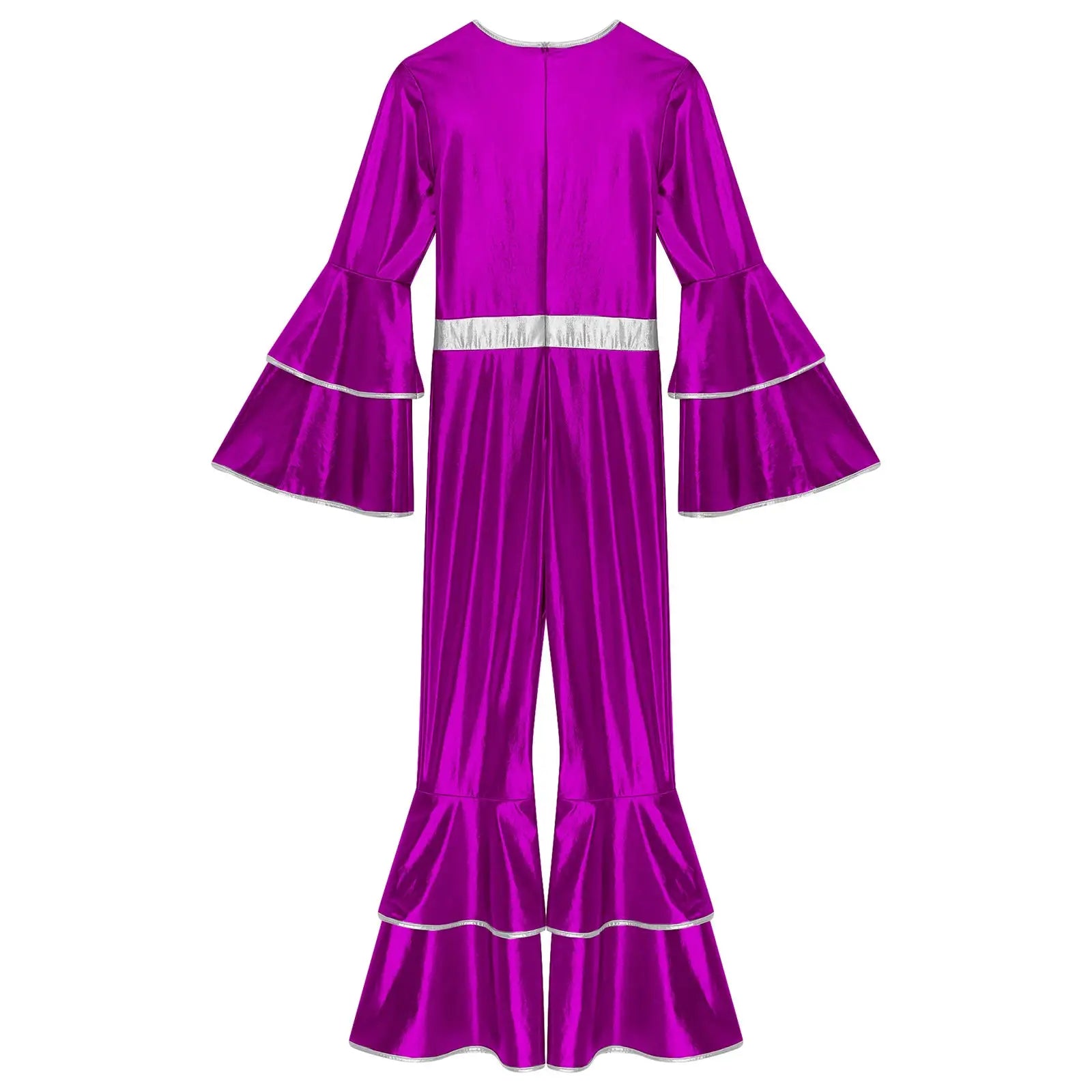 Womens 70s disco jumpsuit by Simples Market in metallic purple with silver trim, flared bell sleeves and wide-leg pants.