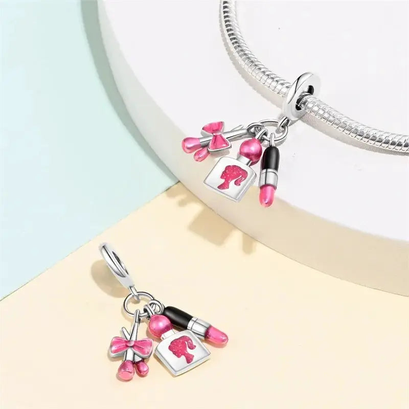 925 Silver Plated Magic Mirror Perfume Princess Angel Pink Charms Beads Fit Pandach 925 Bracelet Fine DIY Jewelry