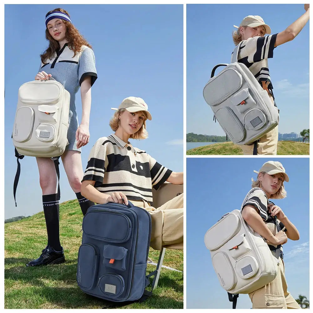 Mixi Outdoor Backpack 18-Inch; waterproof rucksack in white/cream, gray, blue (three color variants) by Simples Market.