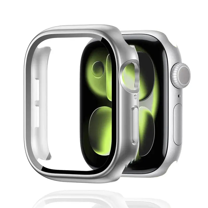Tempered Glass+Case for Apple Watch by Simples Market; silver bumper frame with clear screen protector
