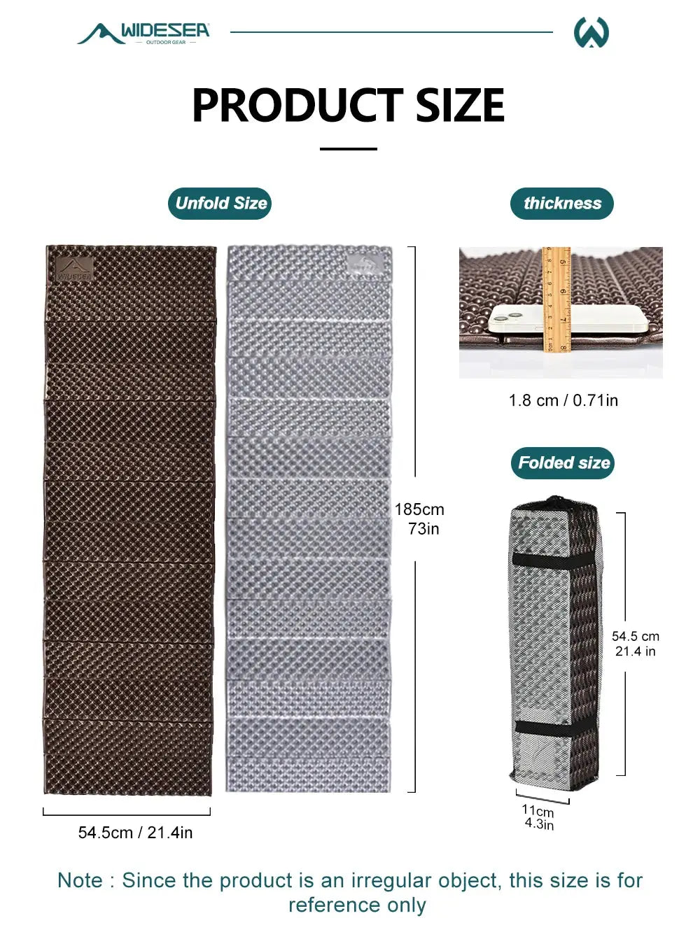 Widesea ultralight folding egg-nest camping pad, brown/gray, 185 cm long, 1.8 cm thick, with storage bag