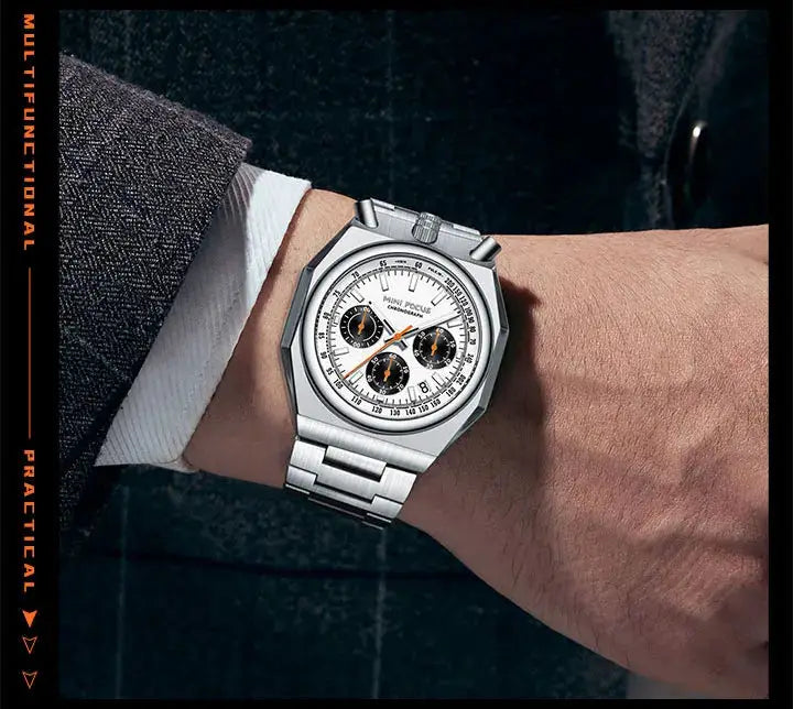 MINI FOCUS men's chronograph watch by Simples Market, stainless steel band, white dial, luminous hands, black subdials.