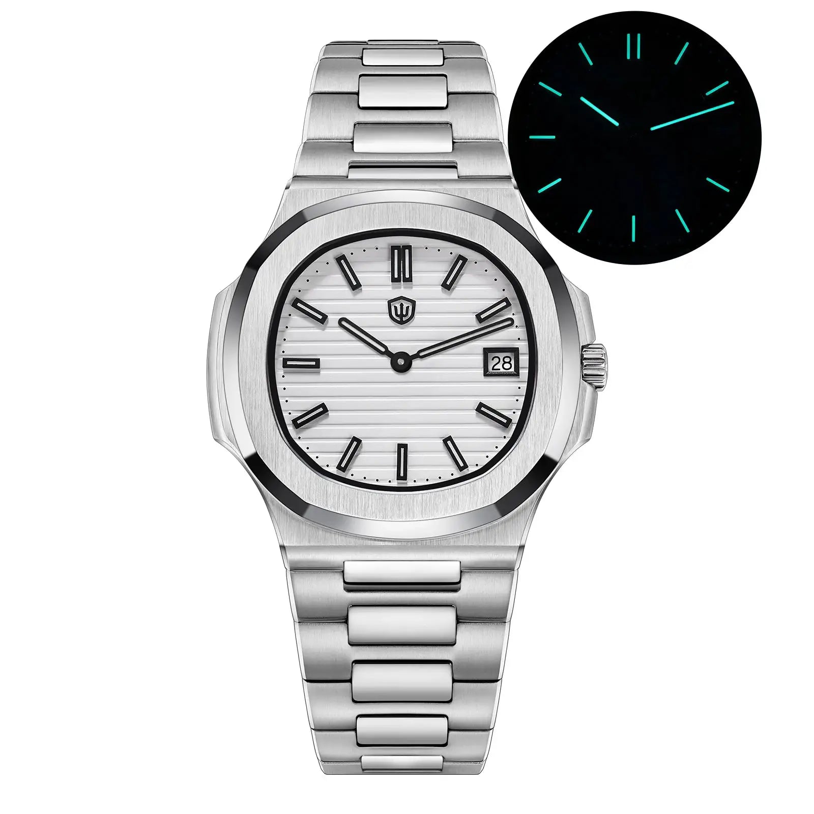 Watchdives WD0013 men's stainless steel wristwatch with white dial, date window, and luminescent hands.