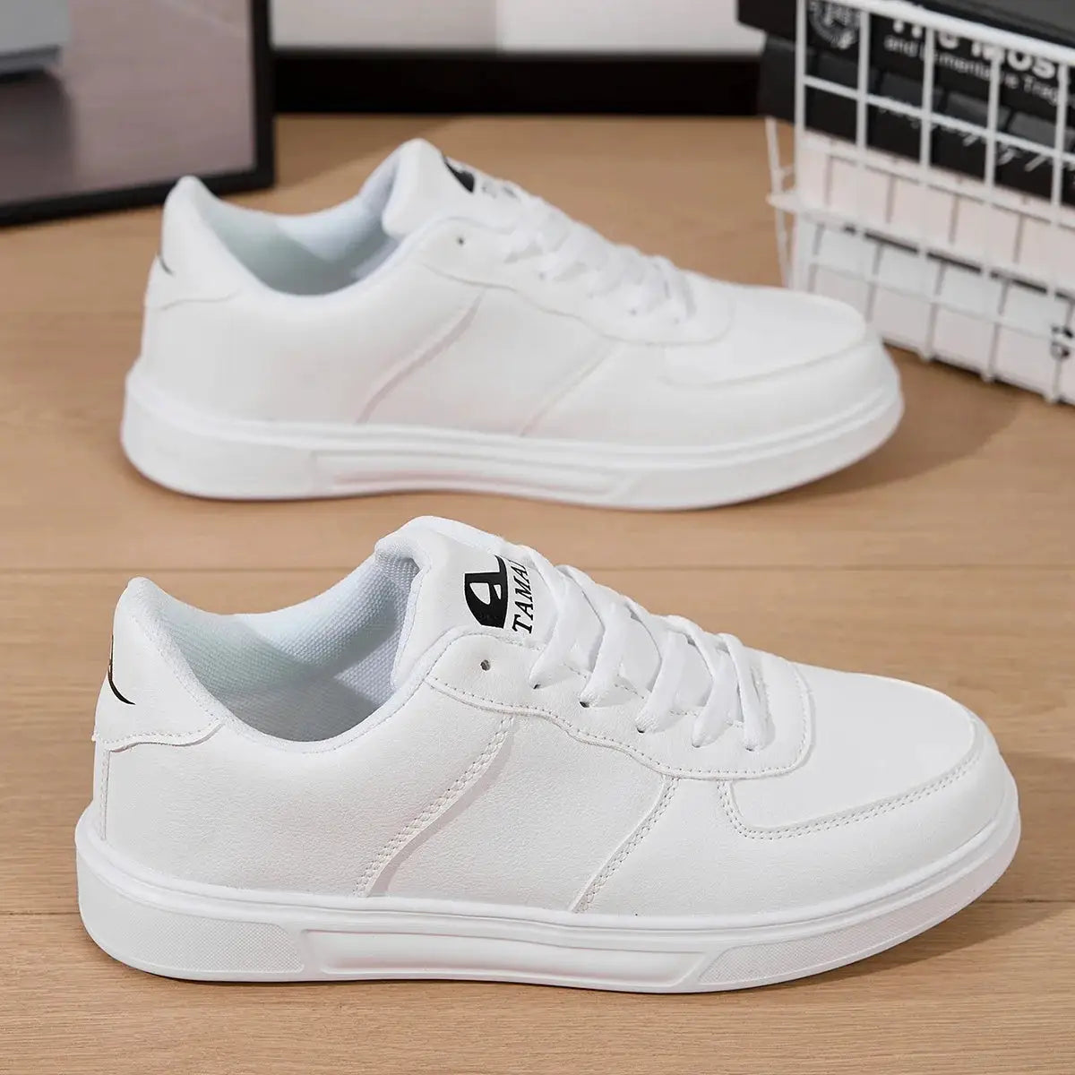 White leather sneakers; breathable casual athletic shoes for men, two pairs shown, versatile for walking and running