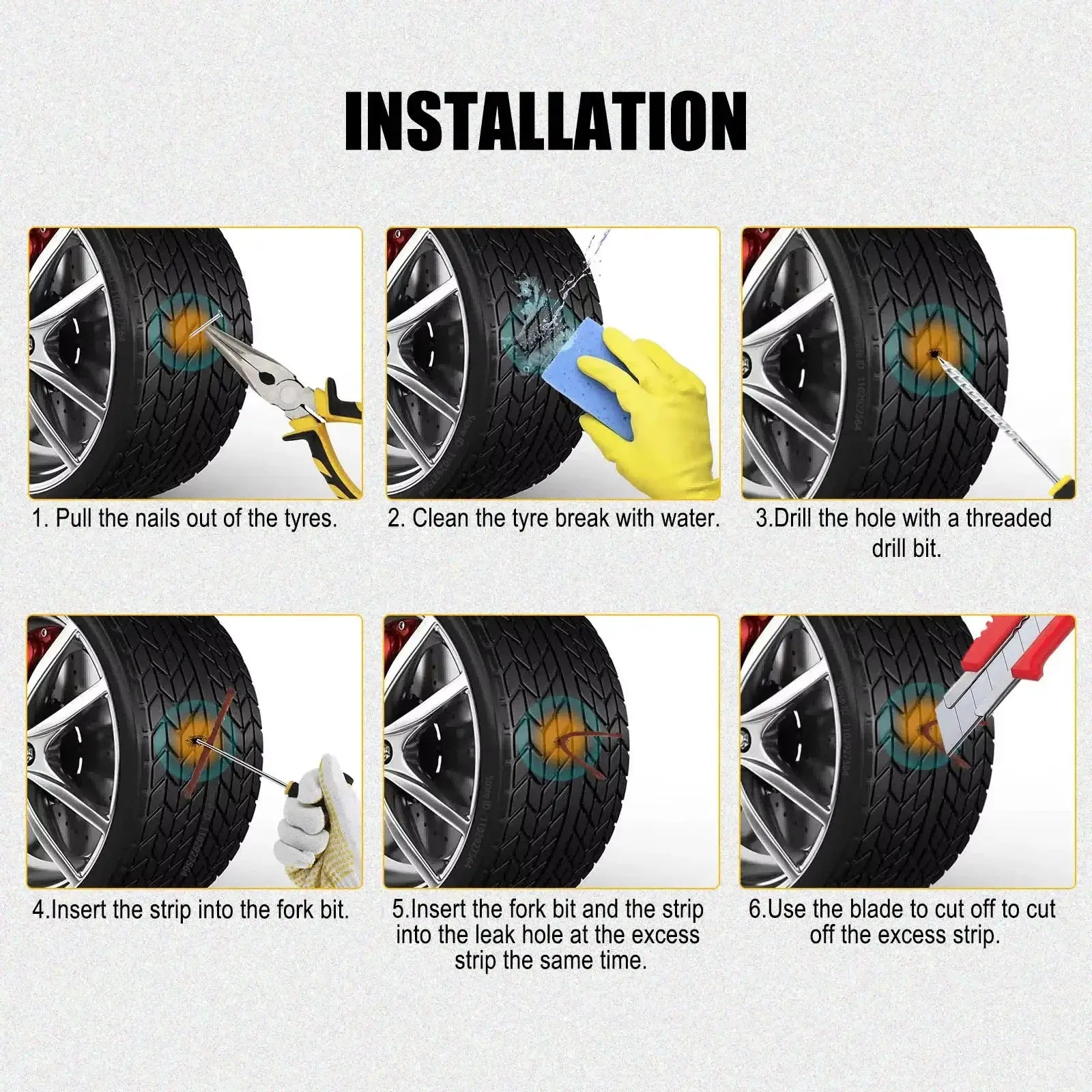 Emergency Tire Repair Kit by Simples Market; universal manual tools with repair strips, six-step installation guide.