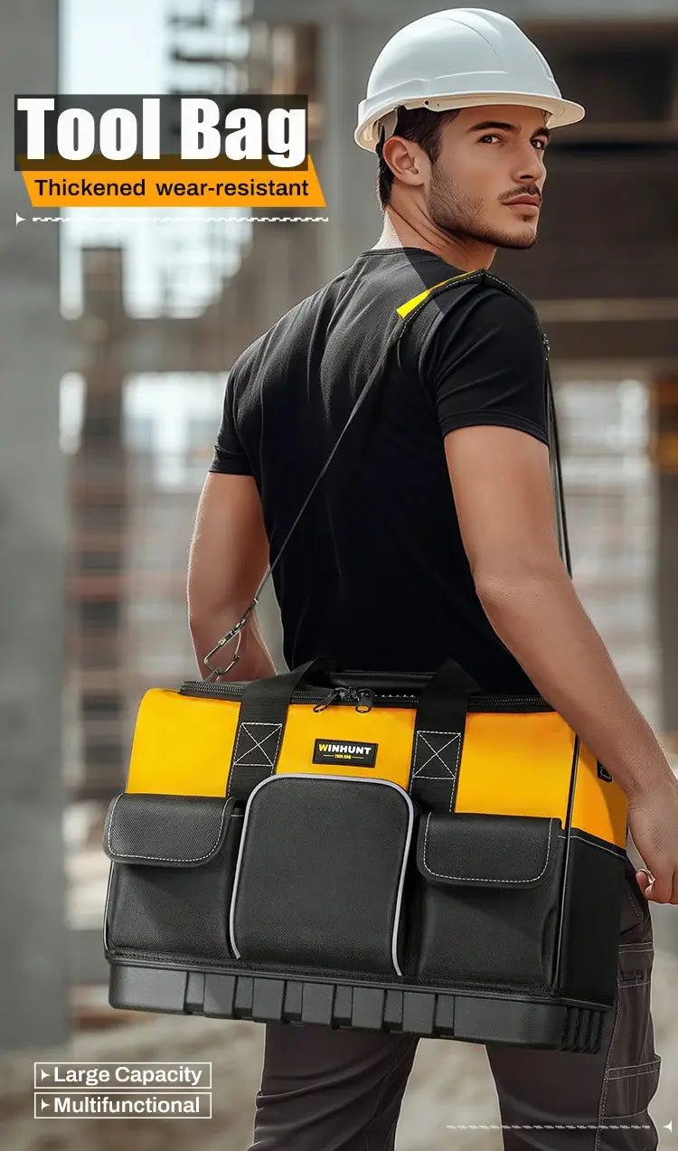 WINHUNT heavy-duty tool bag, yellow/black with molded bottom and adjustable shoulder strap